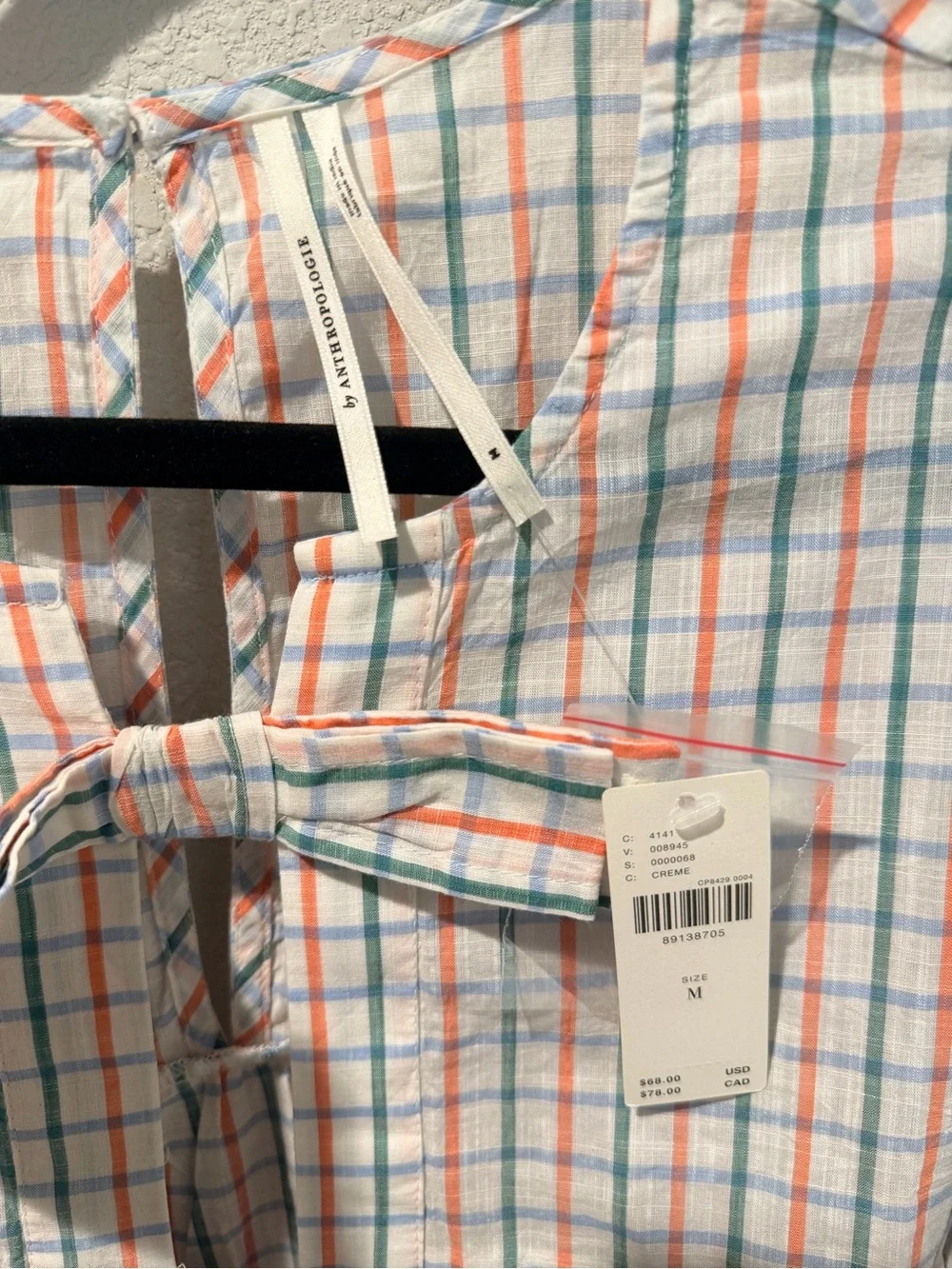 NWT Anthropologie White Plaid Tie-Back Peplum Blouse